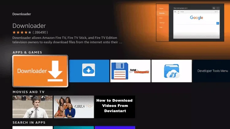 Boutique d’applications Amazon Fire TV affichant l’utilitaire Downloader